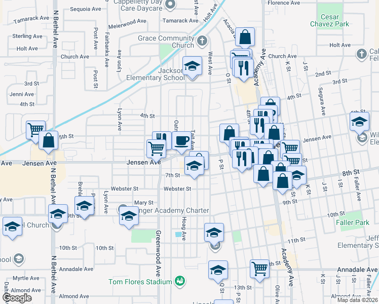map of restaurants, bars, coffee shops, grocery stores, and more near 531 Tait Avenue in Sanger