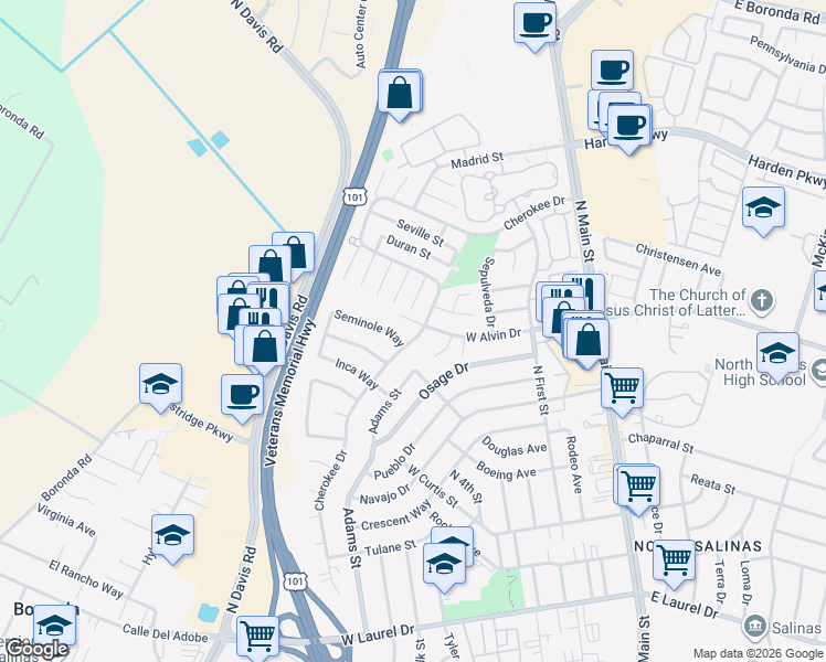 map of restaurants, bars, coffee shops, grocery stores, and more near 1547 Aragon Circle in Salinas