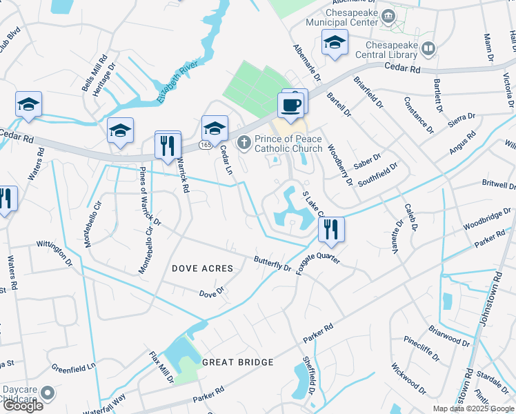 map of restaurants, bars, coffee shops, grocery stores, and more near 904 South Lake Circle in Chesapeake