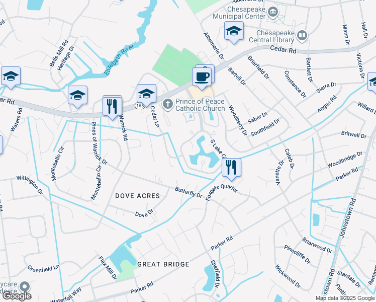 map of restaurants, bars, coffee shops, grocery stores, and more near 407 Breezy Point in Chesapeake