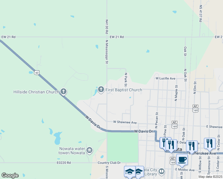 map of restaurants, bars, coffee shops, grocery stores, and more near 519 Edgewood Court in Nowata