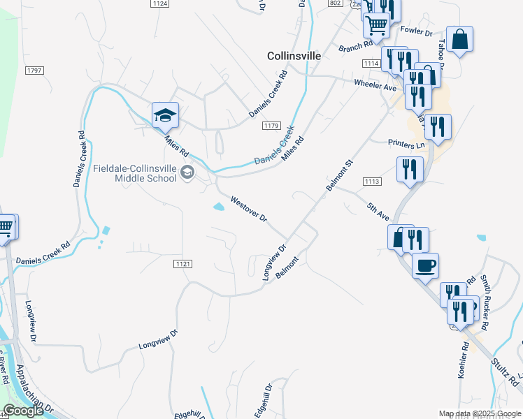 map of restaurants, bars, coffee shops, grocery stores, and more near 1134 Westover Drive in Collinsville