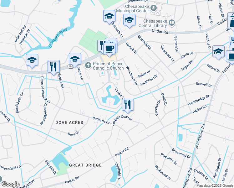 map of restaurants, bars, coffee shops, grocery stores, and more near 501 South Lake Circle in Chesapeake