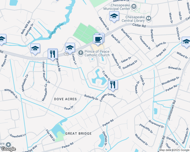 map of restaurants, bars, coffee shops, grocery stores, and more near 417 Breezy Point in Chesapeake