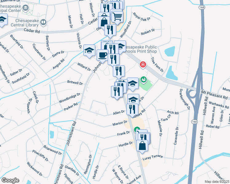 map of restaurants, bars, coffee shops, grocery stores, and more near 106 Williamsburg Drive in Chesapeake