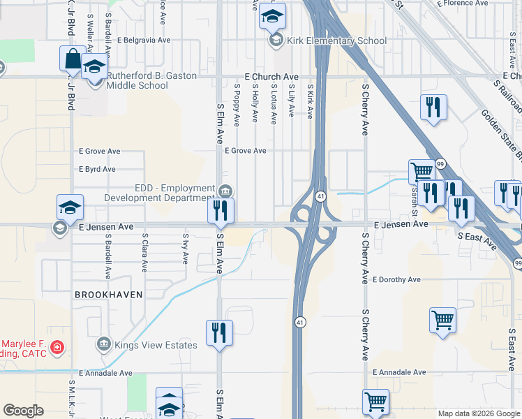 map of restaurants, bars, coffee shops, grocery stores, and more near 2567 South Holly Avenue in Fresno