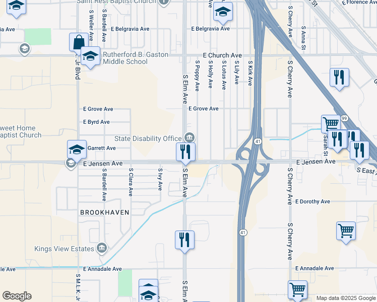 map of restaurants, bars, coffee shops, grocery stores, and more near 2555 South Elm Avenue in Fresno