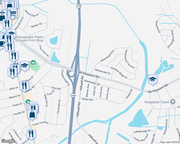 map of restaurants, bars, coffee shops, grocery stores, and more near 443 Mount Pleasant Road in Chesapeake