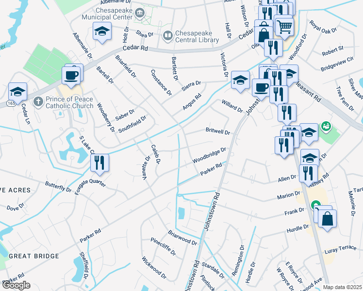 map of restaurants, bars, coffee shops, grocery stores, and more near 504 Briarfield Drive in Chesapeake