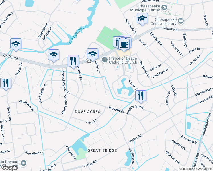 map of restaurants, bars, coffee shops, grocery stores, and more near 904 South Lake Circle in Chesapeake