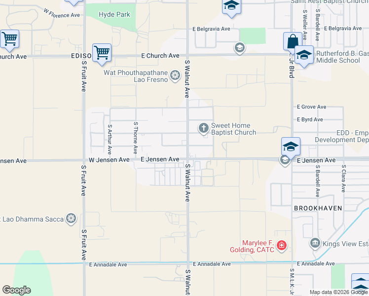 map of restaurants, bars, coffee shops, grocery stores, and more near 231 East Garrett Avenue in Fresno