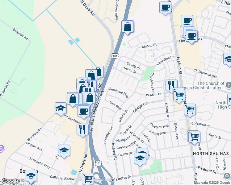 map of restaurants, bars, coffee shops, grocery stores, and more near 480 Seminole Way in Salinas