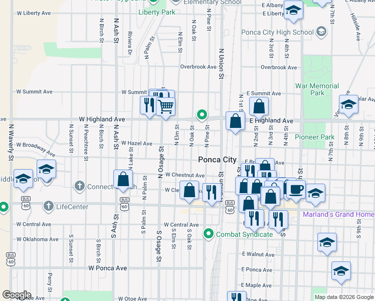 map of restaurants, bars, coffee shops, grocery stores, and more near 423 North Oak Street in Ponca City