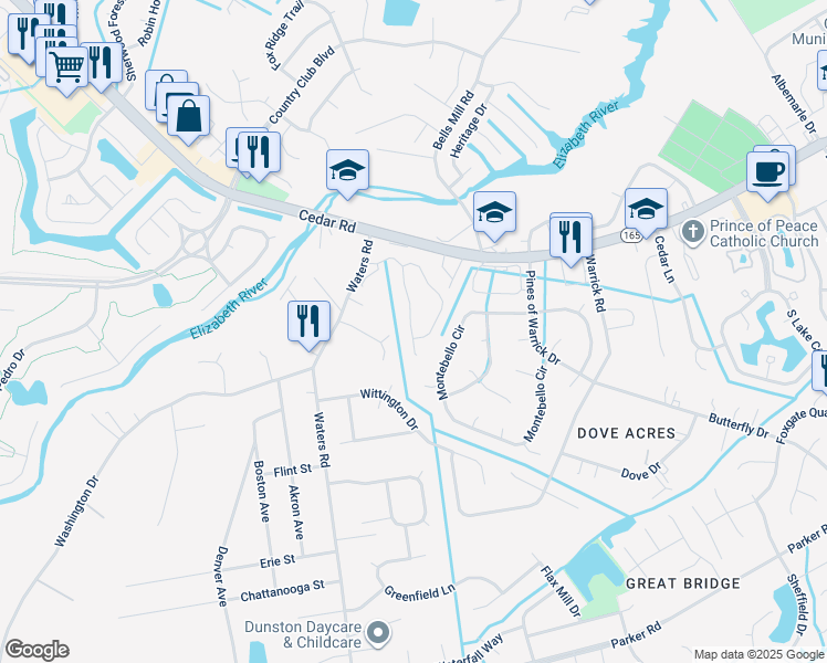 map of restaurants, bars, coffee shops, grocery stores, and more near 355 Middle Oaks Drive in Chesapeake