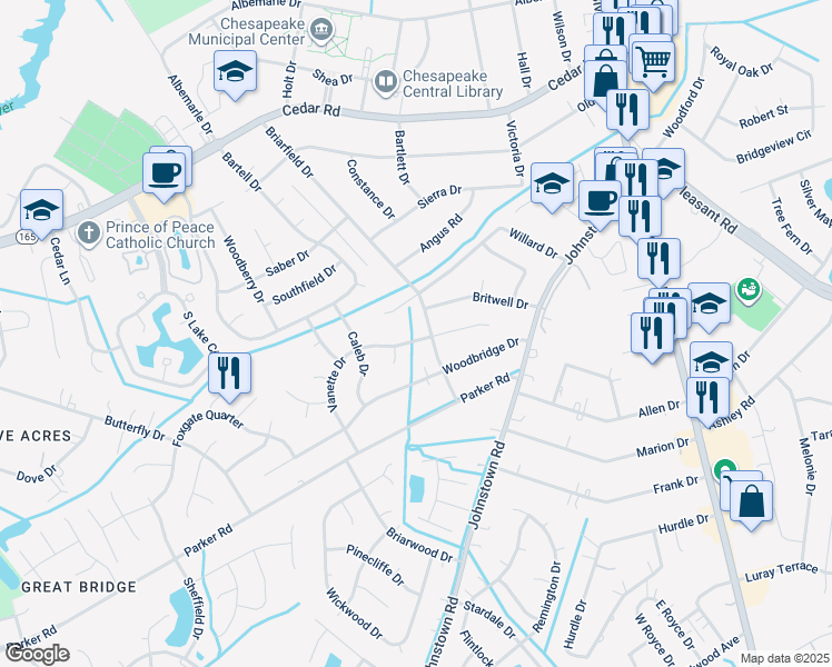map of restaurants, bars, coffee shops, grocery stores, and more near 504 Briarfield Drive in Chesapeake