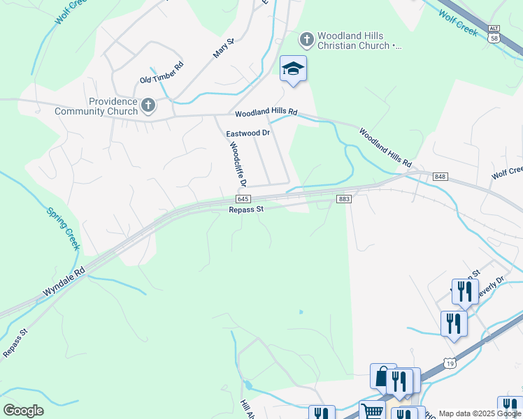 map of restaurants, bars, coffee shops, grocery stores, and more near 19280 Repass Street in Abingdon