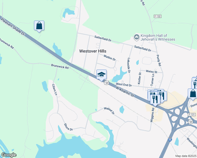 map of restaurants, bars, coffee shops, grocery stores, and more near 143 Pleasant Shade Drive in Emporia