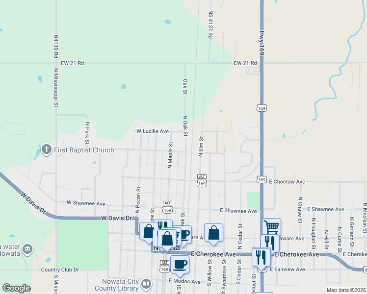 map of restaurants, bars, coffee shops, grocery stores, and more near 514 North Maple Street in Nowata