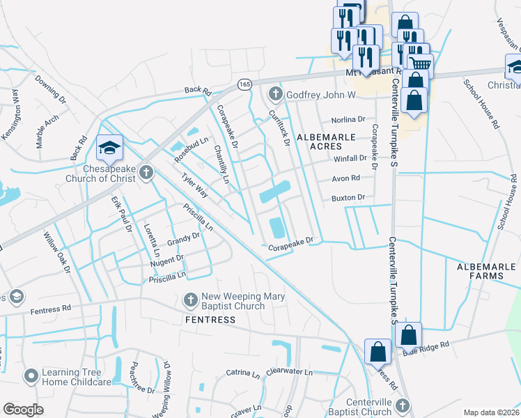 map of restaurants, bars, coffee shops, grocery stores, and more near 664 Corapeake Drive in Chesapeake