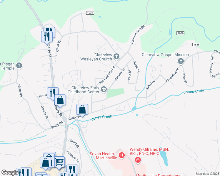 map of restaurants, bars, coffee shops, grocery stores, and more near 800 Ainsley Street in Martinsville