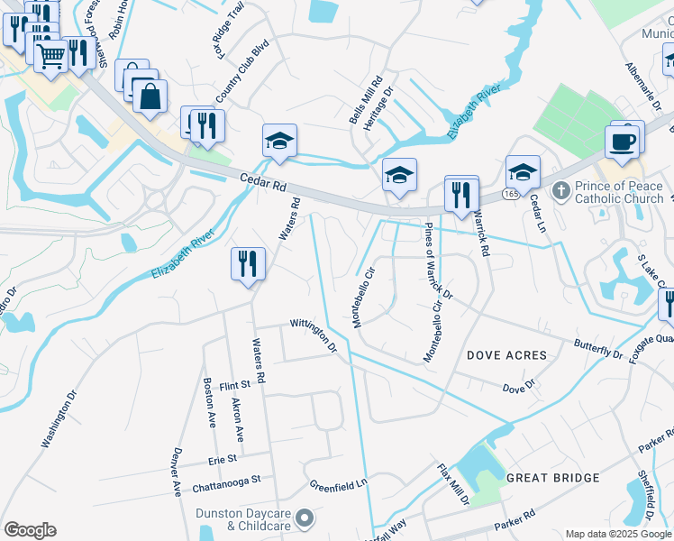 map of restaurants, bars, coffee shops, grocery stores, and more near 355 Middle Oaks Drive in Chesapeake