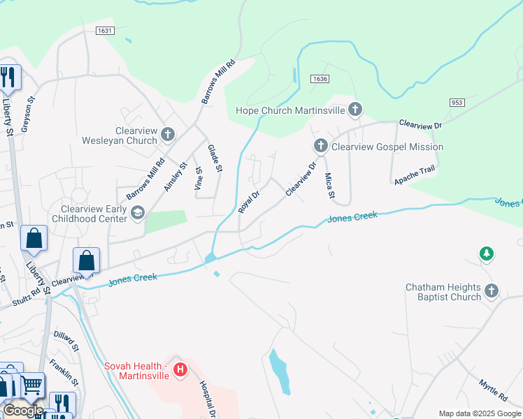 map of restaurants, bars, coffee shops, grocery stores, and more near 327-411 Clearview Dr in Martinsville