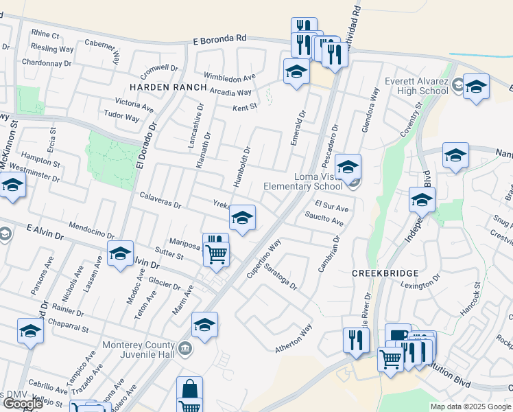 map of restaurants, bars, coffee shops, grocery stores, and more near 666 Los Coches Avenue in Salinas