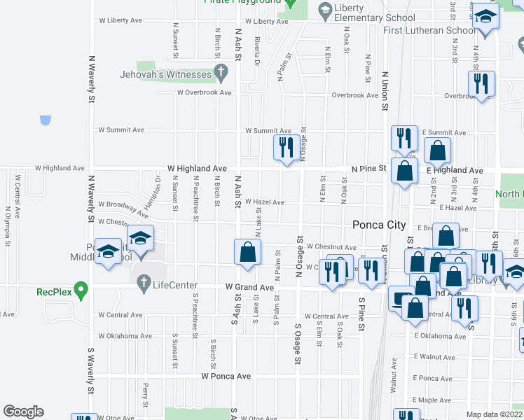 map of restaurants, bars, coffee shops, grocery stores, and more near 413 North Lake Street in Ponca City