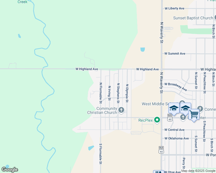 map of restaurants, bars, coffee shops, grocery stores, and more near 408 North Irving Street in Ponca City