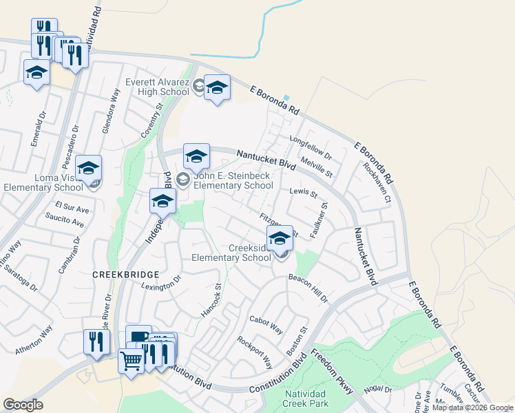 map of restaurants, bars, coffee shops, grocery stores, and more near 1808 Bradbury Street in Salinas