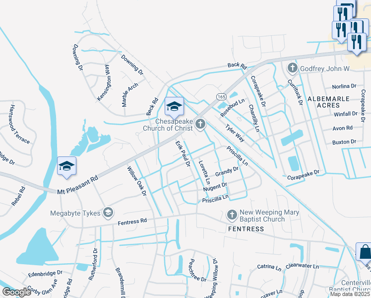 map of restaurants, bars, coffee shops, grocery stores, and more near 713 Erik Paul Drive in Chesapeake