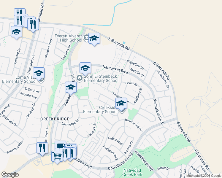map of restaurants, bars, coffee shops, grocery stores, and more near 1808 Bradbury Street in Salinas