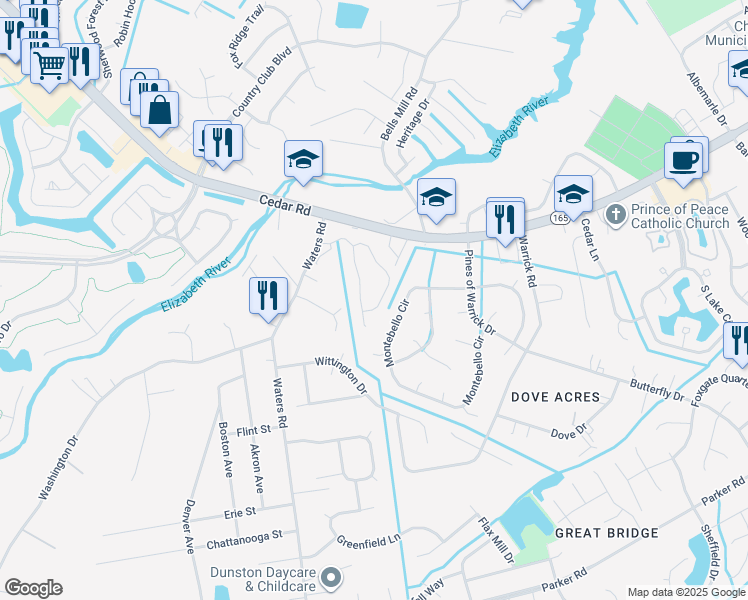 map of restaurants, bars, coffee shops, grocery stores, and more near 412 Faire Chase in Chesapeake