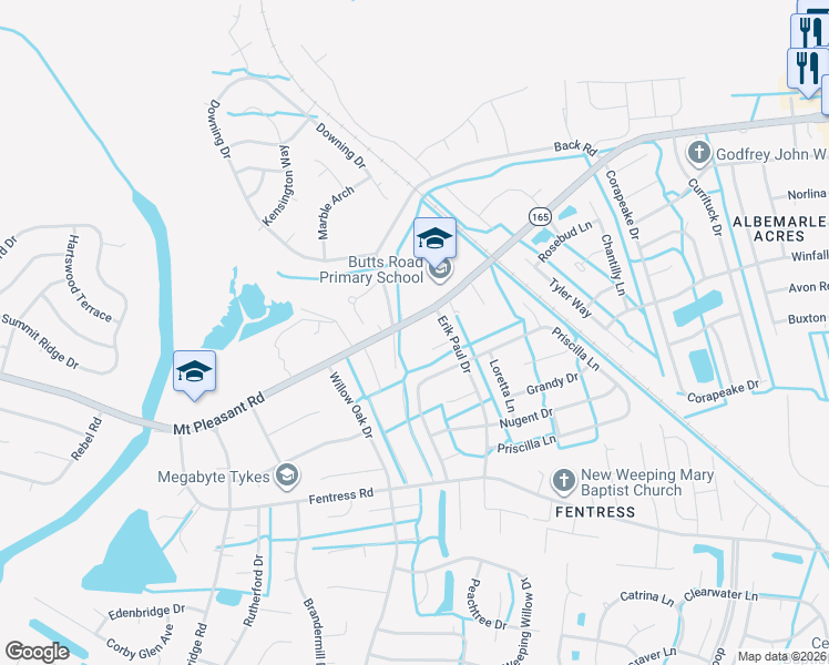 map of restaurants, bars, coffee shops, grocery stores, and more near 928 Virginia 165 in Chesapeake
