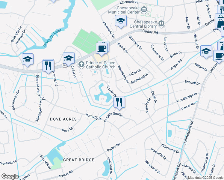 map of restaurants, bars, coffee shops, grocery stores, and more near 631 Bartell Drive in Chesapeake