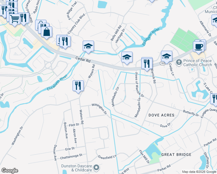 map of restaurants, bars, coffee shops, grocery stores, and more near 412 Faire Chase in Chesapeake
