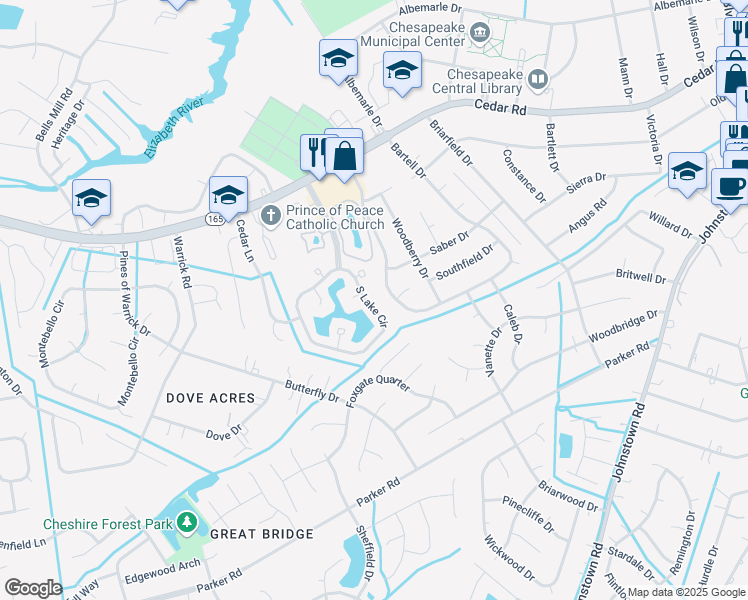 map of restaurants, bars, coffee shops, grocery stores, and more near 504 South Lake Circle in Chesapeake