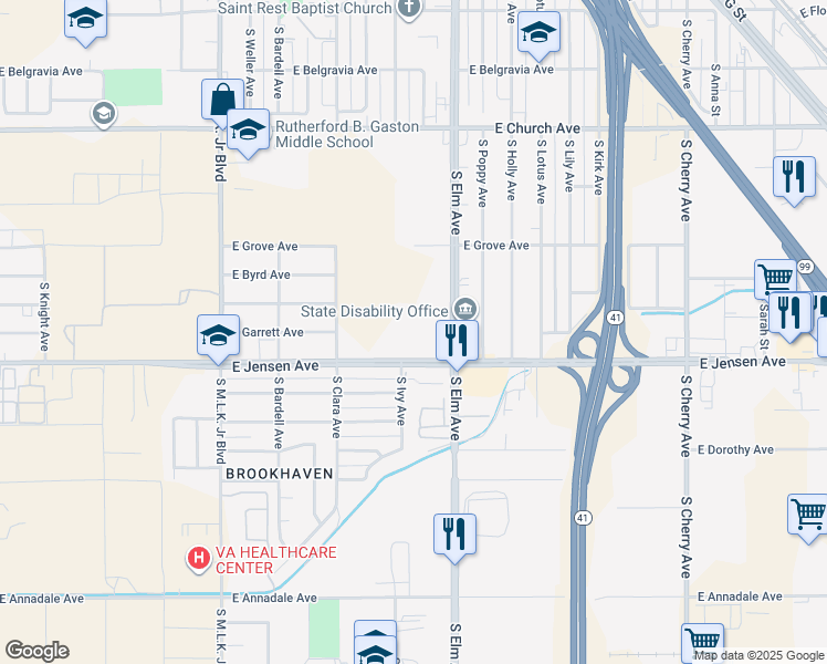 map of restaurants, bars, coffee shops, grocery stores, and more near 1515 East Jensen Avenue in Fresno