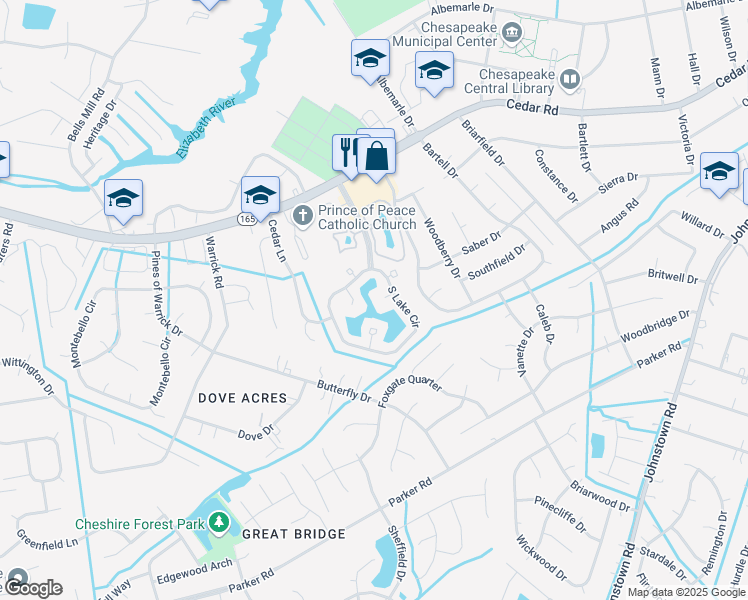 map of restaurants, bars, coffee shops, grocery stores, and more near 614 Windmill Point in Chesapeake