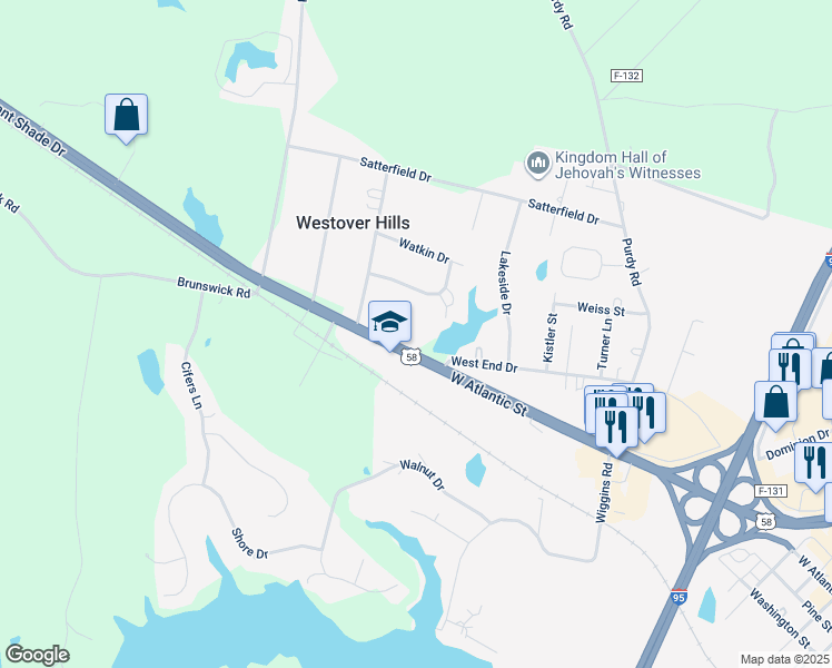 map of restaurants, bars, coffee shops, grocery stores, and more near 103 Pleasant Shade Drive in Emporia