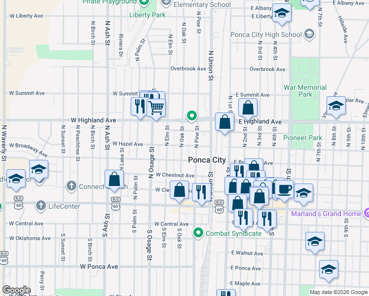 map of restaurants, bars, coffee shops, grocery stores, and more near 423 North Oak Street in Ponca City