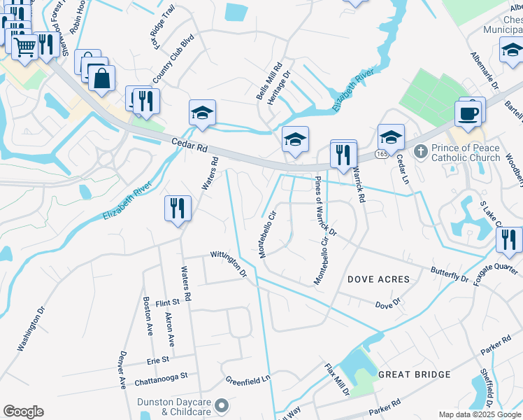 map of restaurants, bars, coffee shops, grocery stores, and more near 412 Faire Chase in Chesapeake