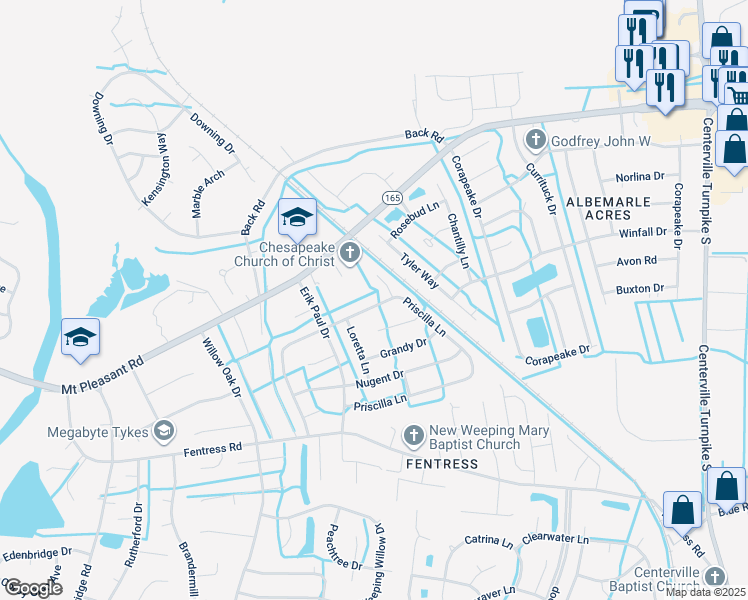 map of restaurants, bars, coffee shops, grocery stores, and more near 928 Priscilla Lane in Chesapeake