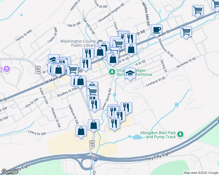 map of restaurants, bars, coffee shops, grocery stores, and more near 350 Gibson Street Southeast in Abingdon