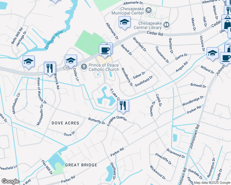 map of restaurants, bars, coffee shops, grocery stores, and more near 631 Bartell Drive in Chesapeake