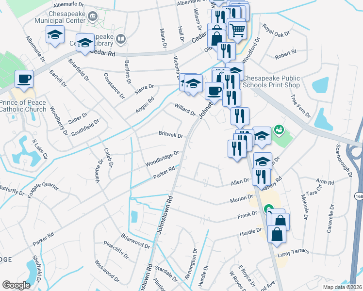 map of restaurants, bars, coffee shops, grocery stores, and more near 432 Johnstown Road in Chesapeake