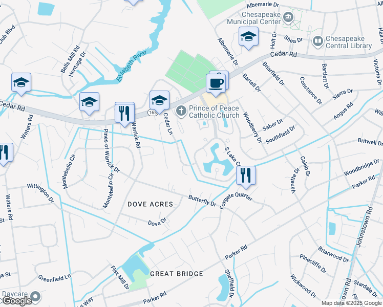 map of restaurants, bars, coffee shops, grocery stores, and more near 902 South Lake Circle in Chesapeake