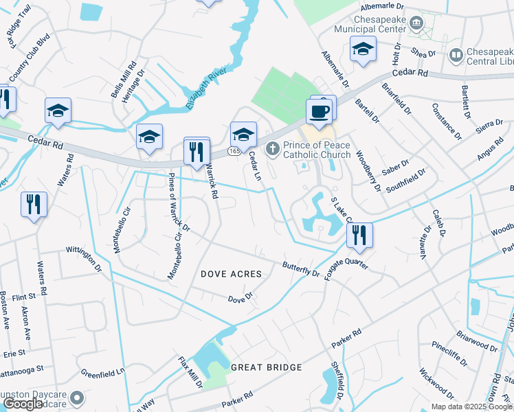 map of restaurants, bars, coffee shops, grocery stores, and more near 335 Naples Court in Chesapeake
