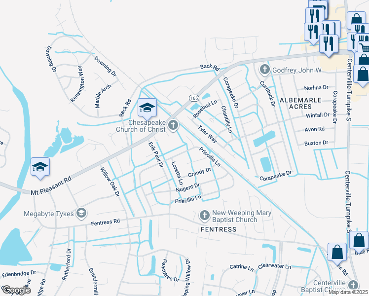 map of restaurants, bars, coffee shops, grocery stores, and more near 928 Priscilla Lane in Chesapeake