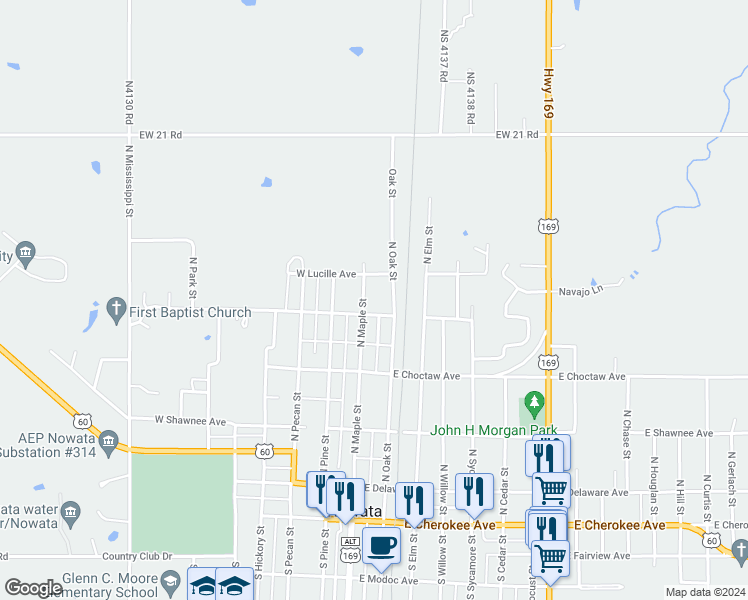 map of restaurants, bars, coffee shops, grocery stores, and more near 514 North Maple Street in Nowata
